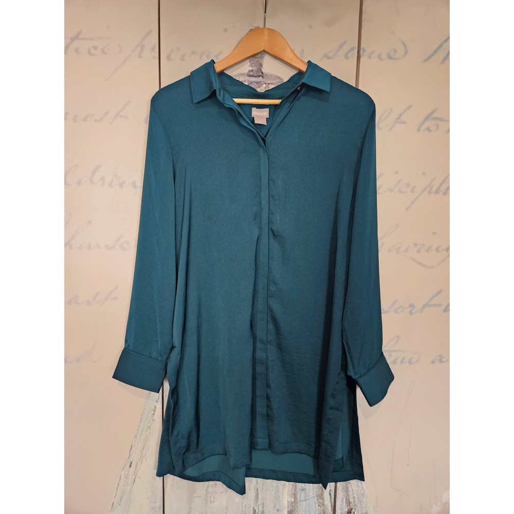 Chico's Tunic Blouse 2 (L) Emerald Green Hidden Button Satin Look Long Sleeve